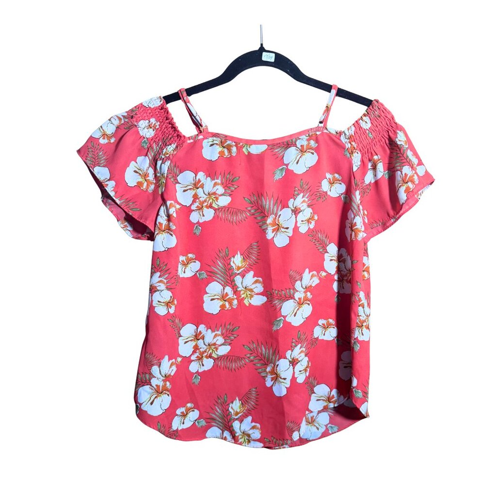 Paper Crane Coral Floral Off Shoulder Blouse Smocked Flutter Sleeve Size Small - Picture 5 of 6